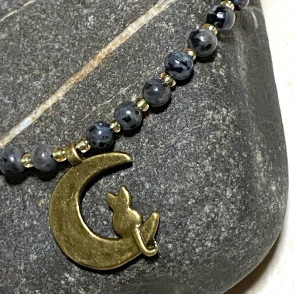 Larvikite Bronze Cat on the Moon Necklace, Genuine Gemstone Beaded Necklace - Picture 4 of 10